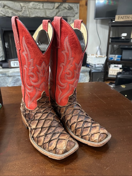 Macie Bean Shoes - Macie Bean Red Suede Shaft Brown Exotic Leather Cowboy Boots